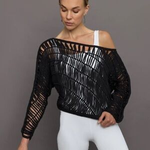 Carbon38 Black Off Shoulder Cutout Sweater M/L Sheer Knit Top